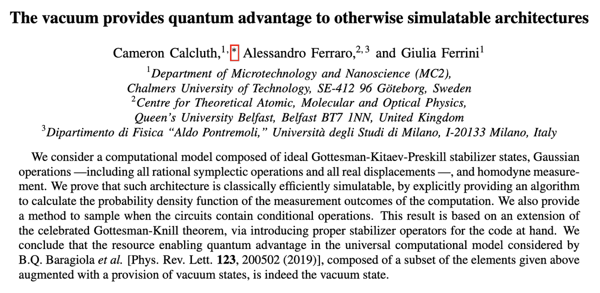 caemron's tweet photo. Today our new paper is on the arXiv! We show that the **vacuum** unlocks quantum advantage (i.e. promotes otherwise classically simulatable circuits to those capable of universal quantum computation) for GKP circuits. https://t.co/AHrWCgotO6 https://t.co/1hQw3B49ph