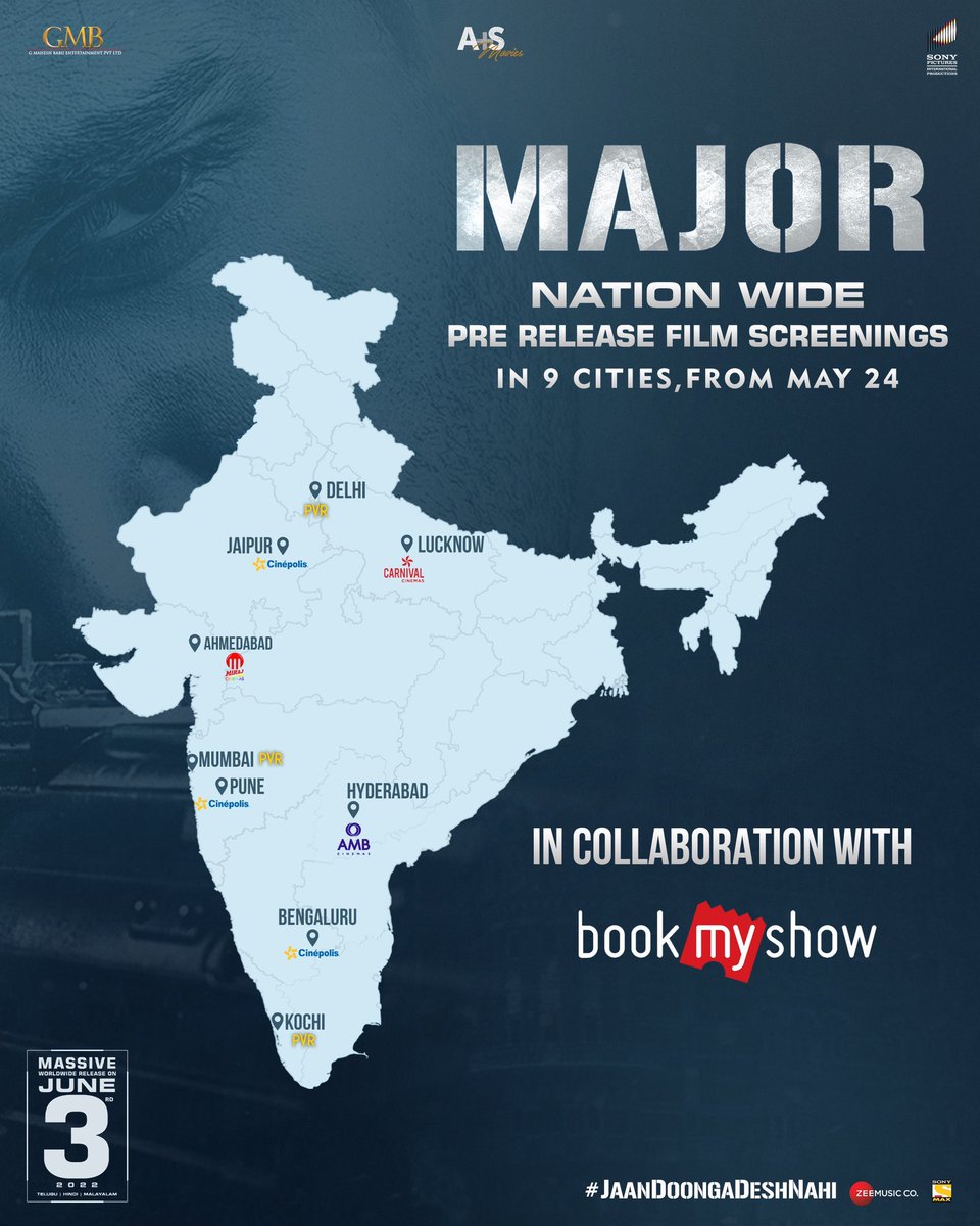 AndhraBoxOffice's tweet photo. In a Daring move, #Major to have Pre-Release Film Screenings from 24th May in 9 Leading Cities 10 Days before Release. #MajorOnJune3rd https://t.co/t7GuIHGdeK