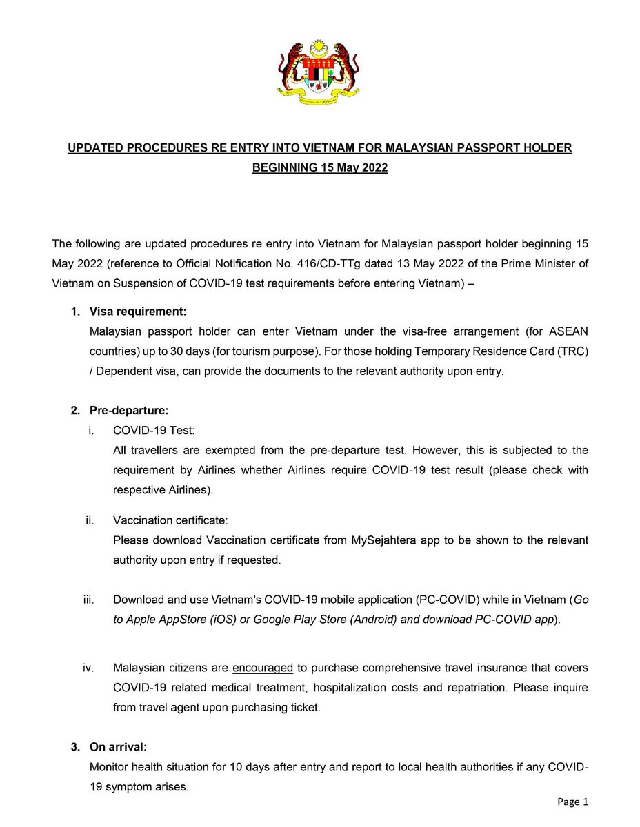 MYCGHCMC's tweet photo. Dear Malaysians, 
Please read the below-updated entry procedure into Vietnam.
Thank you. https://t.co/0VmHzcPtrI