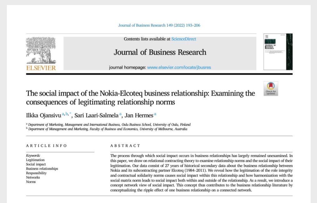 #Nokia is an important part of #Finnish industrial history. But what, exactly, was it's impact on #society? We (Ilkka Ojansivu, <a href="/ssalmela/">Sari Laari Salmela</a> and me) explore this in our fresh JBR article - enjoy the read! #responsibility #ethics #businessrelationships