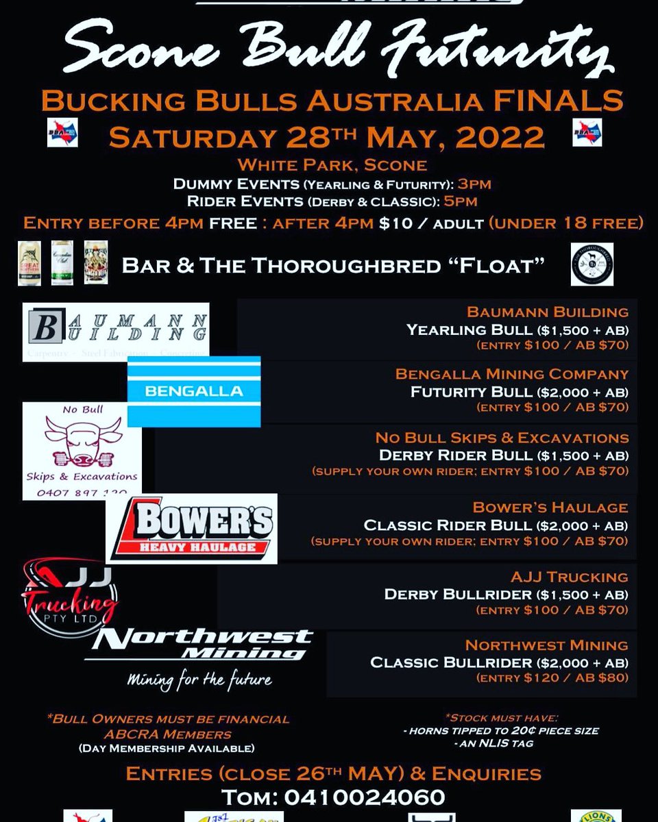 ‼️ THIS WEEKEND ‼️

The NORTHWEST MINING Scone Bull Futurity

🐄 🅱️ucking 🅱️ulls 🅰️ustralia FINALS 🐄 

💵 INCREASED PRIZEMONEY — OVER $1️⃣2️⃣,0️⃣0️⃣0️⃣ IN CASH &amp; PRIZES 💵 

Bar Facilities + THE FLOAT from The Thoroughbred

Supporting 🌈 WHERE THERE’S A WILL 🌈