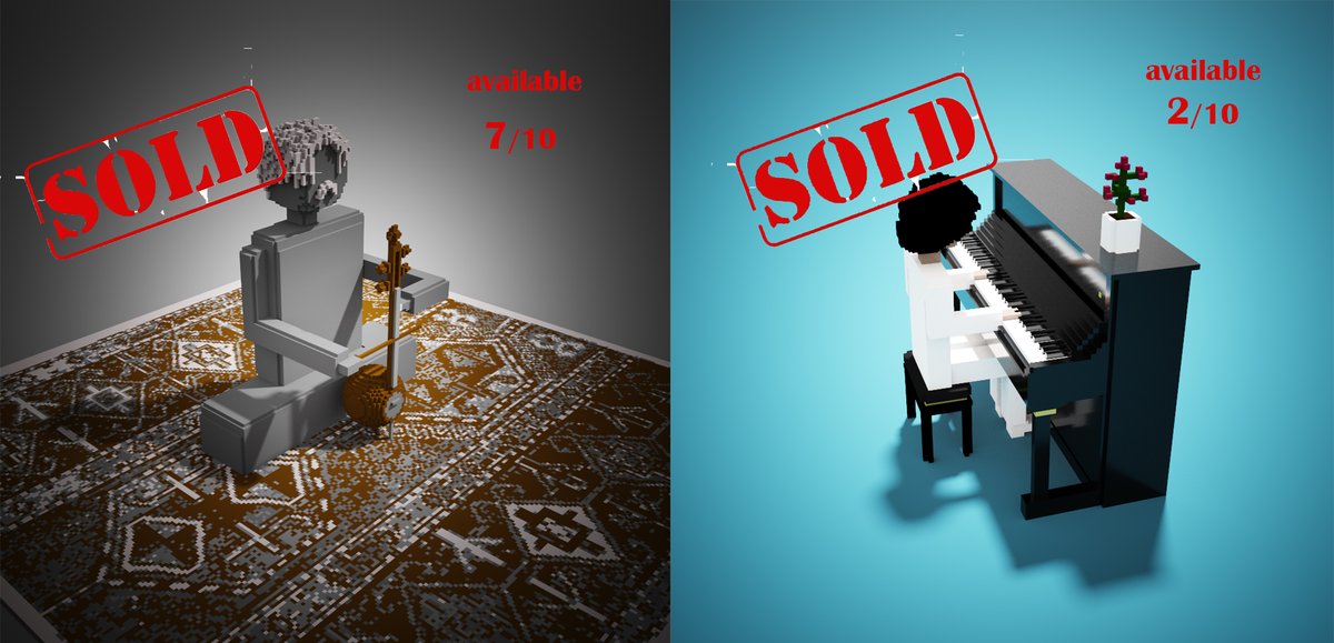 Hi Guys, Have a nice day all of you, there are just 2 editions of (The Pianist) and 7 editions of (Kamanche &amp; dancing Carpet) left on rarible platform. Hope to start secondary market ASP😍

🟨my rarible account🟨

 rarible.com/ali-shiasi/own…
-------
#NFTSPACHSHIP #voxel #NFTshill