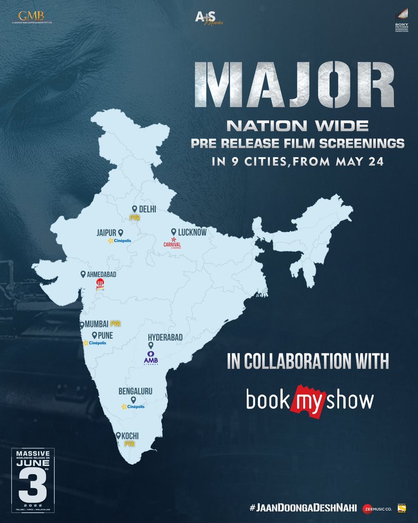 Saiee M Manjrekar (@saieemmanjrekar) on Twitter photo Namaste India. We are coming to you with our film, 10 days in advance.
#Major Pre release Film Screenings across India from May 24th 💥💥
Stay tuned to <a href="/bookmyshow/">BookMyShow</a> to book tickets in your cities for the exclusive screening of #MajorTheFilm.
#MajorOnJune3rd Namaste India. We are coming to you with our film, 10 days in advance.
#Major Pre release Film Screenings across India from May 24th 💥💥
Stay tuned to <a href="/bookmyshow/">BookMyShow</a> to book tickets in your cities for the exclusive screening of #MajorTheFilm.
#MajorOnJune3rd