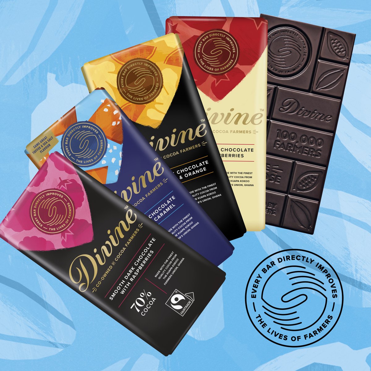 By buying a bar of Divine chocolate you’re supporting a brand that is helping end exploitation by redistributing wealth to farmers through multiple income streams and ensuring they have a voice and a say in their future

#JOINTHECHOCOLATEREVOLUTION