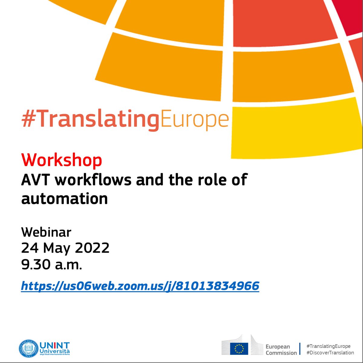 Join the next #TranslatingEurope Workshop “AVT workflows and the role of automation” to discover the benefits and pitfalls of CAT tools in audiovisual translation. 
bit.ly/3FNnIcl
#Translation #xl8 #languages #Translators