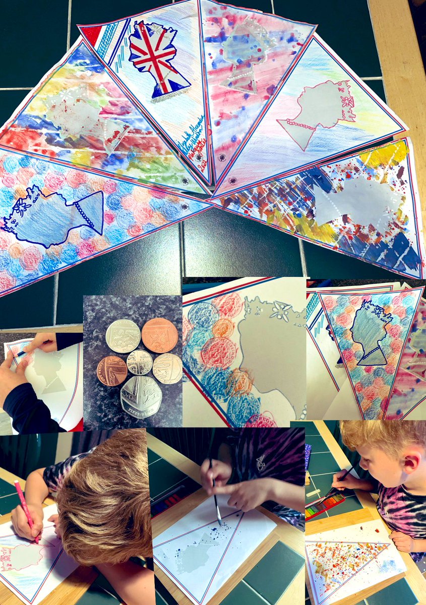 Jubilee bunting made using lots of different techniques inc coin rubbing, candle wax &amp; watercolours as an alternative design and the almighty felts and pencils for other options. Hope these brighten up the church for the big day. <a href="/CottinghamCofE/">Cottingham CofE</a> #QueensJubilee  #Familycrafts