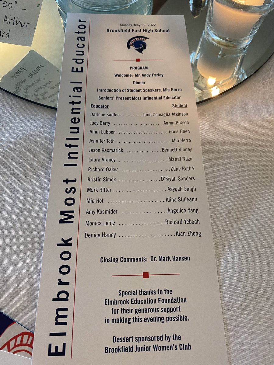 Congratulations to the teachers honored by seniors from <a href="/BEHS_SDE/">Brookfield East</a> at tonight’s Most Influential Educator program. Thank you to <a href="/EMBK_Ed_Fndtion/">EEF</a> for making this program possible. Grateful for all the teachers working everyday to lead, challenge and inspire the future.