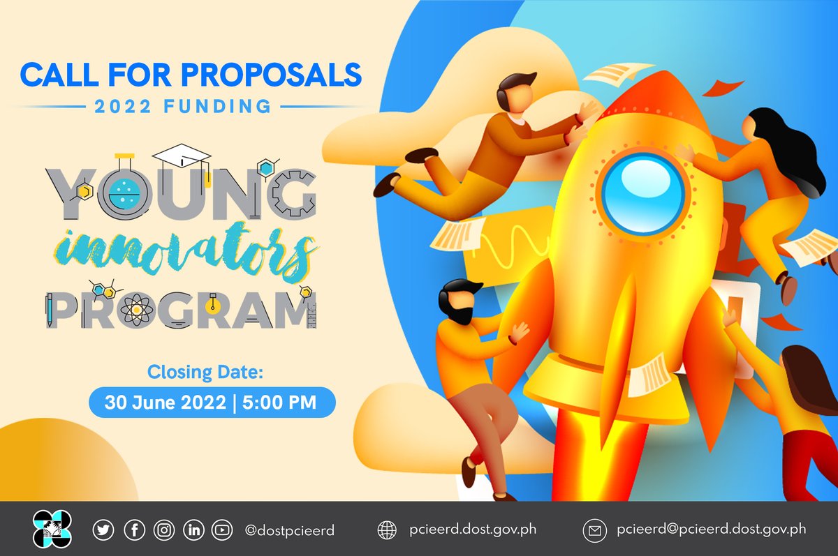 dostpcieerd's tweet photo. Narito na ang exciting part, mga kabataan! ✨
The Call for Proposals for the DOST-PCIEERD Young Innovators Program is now open for submissions until 30 June 2022, 5:00 PM!

For more details, visit https://t.co/hVKYh316fb
#PCIEERDYIP2022 #callforproposals #innovation @DOSTphl https://t.co/BonRynohjj