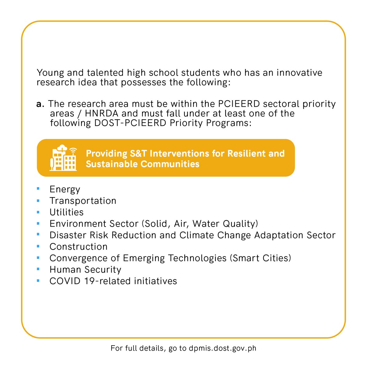 dostpcieerd's tweet photo. Narito na ang exciting part, mga kabataan! ✨
The Call for Proposals for the DOST-PCIEERD Young Innovators Program is now open for submissions until 30 June 2022, 5:00 PM!

For more details, visit https://t.co/hVKYh316fb
#PCIEERDYIP2022 #callforproposals #innovation @DOSTphl https://t.co/BonRynohjj