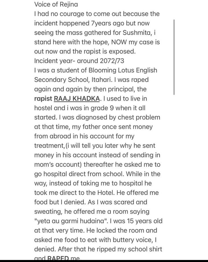 actuallythefrog's tweet photo. Another day here and more rape survivors are opening up. The following story is brutal. It's a story of a minor girl who was r@ped for almost 2 year continuously by a school principal RAAZ KHADKA .
#justiceforrejina 
#justoceforsushmita
#endrapeculture https://t.co/yxBYk7s1tt