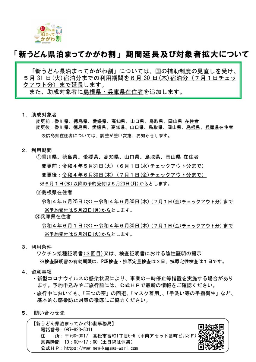 【重要なお知らせ】期間延長及び対象者拡大について

「新うどん県泊まってかがわ割」については、国の補助制度の見直しを受け、5月31日(火)宿泊分までの利用期間を6月30日(木)宿泊分（7月1日チェックアウト分）まで延長します。
また、助成対象者に島根県・兵庫県在住者を追加します。
