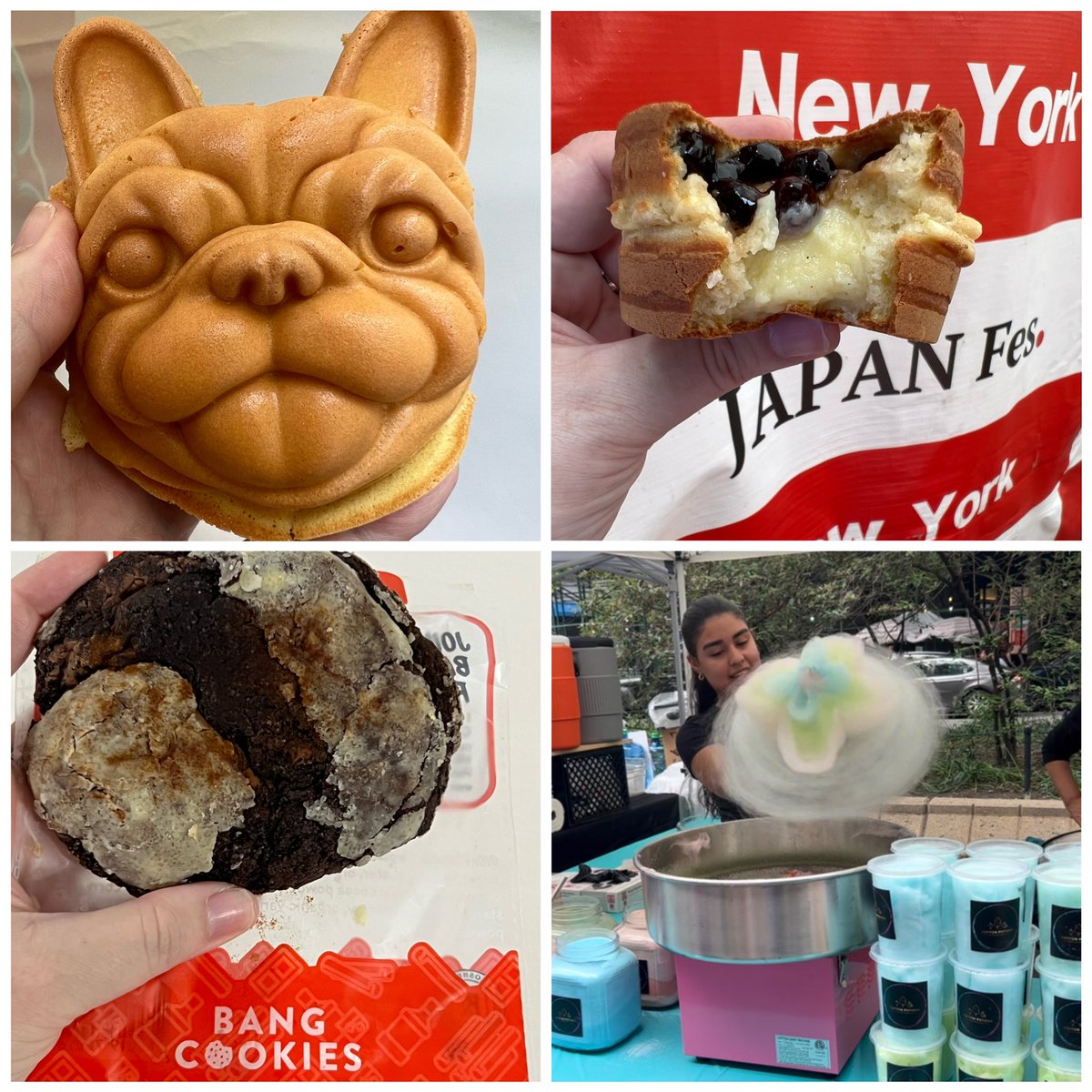 dessertpromag's tweet photo. We went to @JapanfesNewYork #Desserts on the UWS today and these are our favorite desserts! How cute is the #Frenchie #taiyaki?!?! #frenchiesofinstagram #TojosanKitchen #CatmintWheelCake @BangCookiesJC #cottonpotions #cookie #cottoncandy #wheelcake #boba @I_LOVE_NY https://t.co/ZOFwMZ8hQr