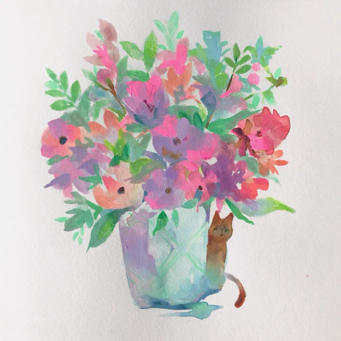 🌸🌿🐈 
Watercolour, topped with gouache 👩‍🍳 💋 