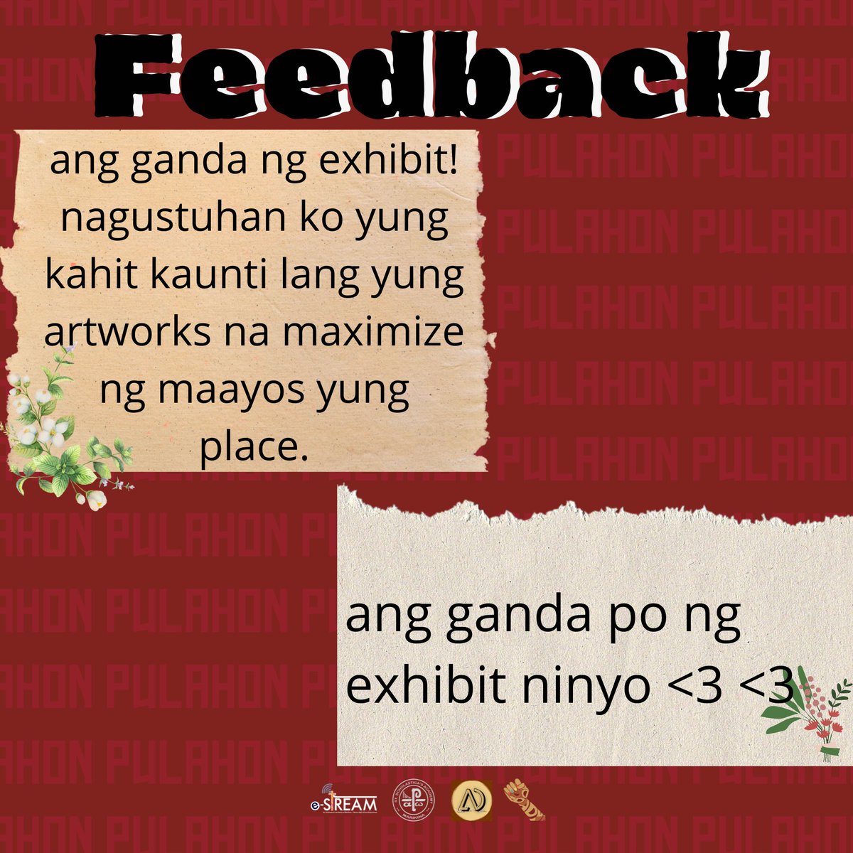 artsndesignSSAM's tweet photo. Maraming salamat muli sa mga dumalo sa PULAHON!

Gusto rin naming pasalamatan ang mga nagbigay ng kanilang komento sa aming eksibit!

Para sa mga hindi nakadalaw sa eksibit ngunit nais pa ring magkaroon ng access sa aming E-Book, pindutin lamang ang sa ibaba. https://t.co/LaZokxYNNC