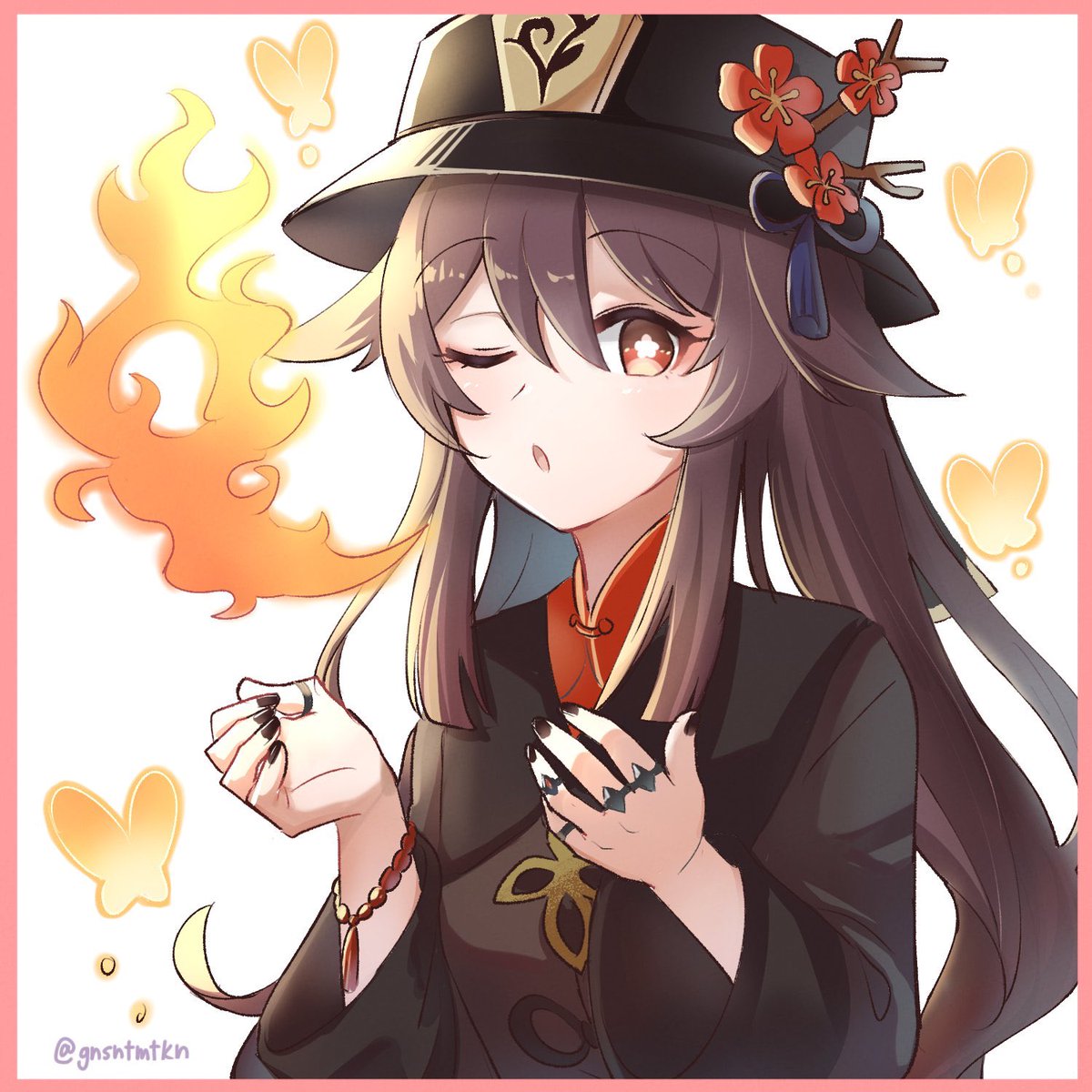 hu tao (genshin impact) 1girl one eye closed hat brown hair solo chibi flower  illustration images