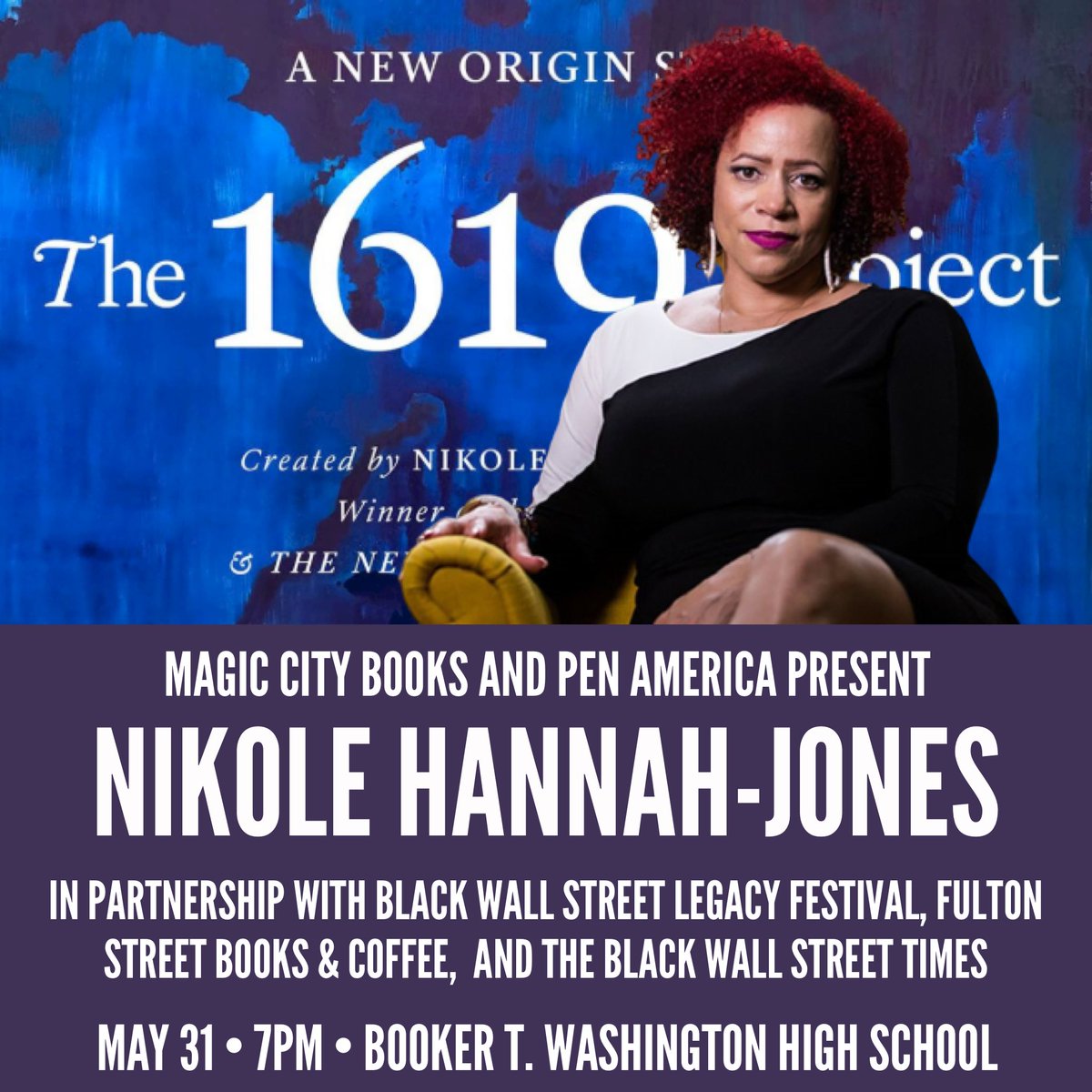 Have you secured your FREE TICKETS to see <a href="/nhannahjones/">Ida Bae Wells</a> on 5/31 at Booker T. Washington High School? Visit magiccitybooks.com. 

Presented by <a href="/magiccitybooks/">Magic City Books</a> and <a href="/PENamerica/">PEN America</a>. In partnership with <a href="/BWSLegacyFest/">Black Wall Street Legacy Fest</a>, <a href="/fultonstreet918/">Fulton Street Books & Coffee</a>, and <a href="/TheBWSTimes/">The Black Wall Street Times</a>.