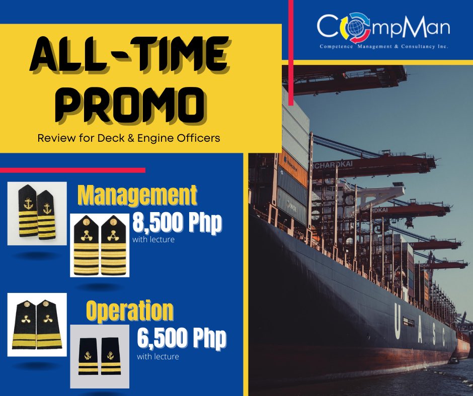 CompManPH's tweet photo. Review for Marine Deck &amp; Engine Officers ⚓︎⚓︎⚓︎

📣📣𝐀𝐋𝐋 𝐓𝐈𝐌𝐄 𝐏𝐑𝐎𝐌𝐎!📣📣

📍𝐎𝐏𝐄𝐑𝐀𝐓𝐈𝐎𝐍𝐀𝐋 -𝟔,𝟓𝟎𝟎𝐏𝐇𝐏
📍𝐌𝐀𝐍𝐀𝐆𝐄𝐌𝐄𝐍𝐓 - 𝟖,𝟓𝟎𝟎𝐏𝐇𝐏
(𝐖𝐢𝐭𝐡 𝐋𝐞𝐜𝐭𝐮𝐫𝐞)

📍𝐋𝐄𝐂𝐓𝐔𝐑𝐄 𝐎𝐍𝐋𝐘 - 𝟐,𝟓𝟎𝟎𝐏𝐇𝐏

🥇 The #1 Maritime Review Center https://t.co/jfiyHSDn7D
