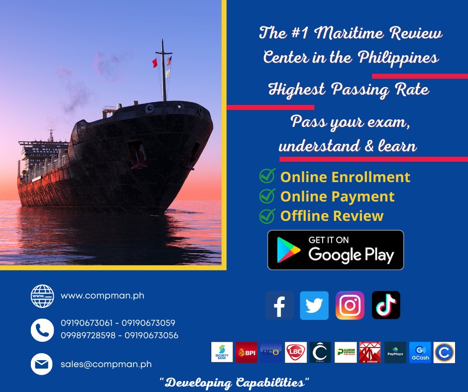 CompManPH's tweet photo. Review for Marine Deck &amp; Engine Officers ⚓︎⚓︎⚓︎

📣📣𝐀𝐋𝐋 𝐓𝐈𝐌𝐄 𝐏𝐑𝐎𝐌𝐎!📣📣

📍𝐎𝐏𝐄𝐑𝐀𝐓𝐈𝐎𝐍𝐀𝐋 -𝟔,𝟓𝟎𝟎𝐏𝐇𝐏
📍𝐌𝐀𝐍𝐀𝐆𝐄𝐌𝐄𝐍𝐓 - 𝟖,𝟓𝟎𝟎𝐏𝐇𝐏
(𝐖𝐢𝐭𝐡 𝐋𝐞𝐜𝐭𝐮𝐫𝐞)

📍𝐋𝐄𝐂𝐓𝐔𝐑𝐄 𝐎𝐍𝐋𝐘 - 𝟐,𝟓𝟎𝟎𝐏𝐇𝐏

🥇 The #1 Maritime Review Center https://t.co/jfiyHSDn7D