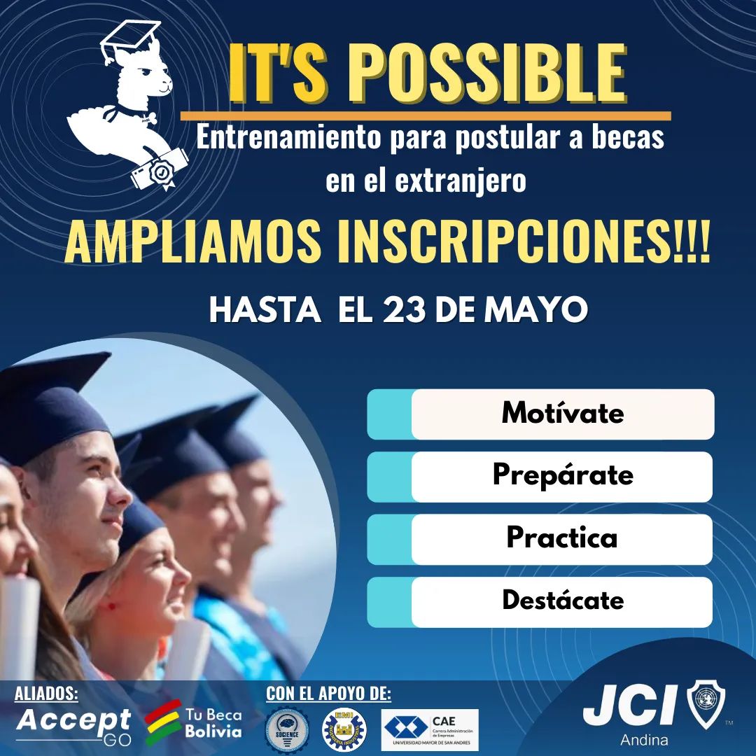 socienceumsa's tweet photo. Porque tú lo pediste, ampliamos plazo de inscripciones hasta el 23 de Mayo al programa ITÂŽS POSSIBLE!!! ð¥³âšðð»
ðð»RegÃstrate en el siguiente enlace:
https://t.co/LLWbRknko3
ðð»Contenido del programaðð€:
https://t.co/Tm1U6YVliO
#JCIANDINA
#SOCIENCE
#tubecabolivia
#Becas https://t.co/kZwQJX6m55