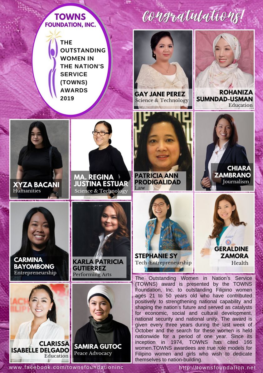 TOWNSfoundation's tweet photo. Almost three years have passed since TOWNS Foundation awarded 12 outstanding Filipino women in their field of endeavors in 2019. As we search for the next set of TOWNS awardees for 2022, we recall our 2019 awardees and their inspiring journey. Nominate at https://t.co/weEfNznPJq https://t.co/BWMgj39Ydg