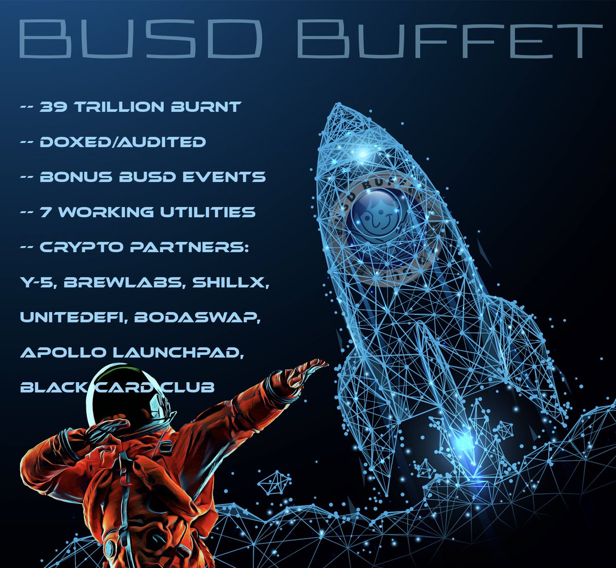 BUSDBuffet's tweet photo. 🚀ROCKETS🚀

#BUSDBuffet is out shaking the tree of #DeFiProject. It may be hard to see in this market but just look what we've done since launch 13 weeks ago!

Stable, growing, and a great entry point!

We want YOU to experience true #passiveincome.

https://t.co/JrQK4bJwyl https://t.co/4seIZuyGuj