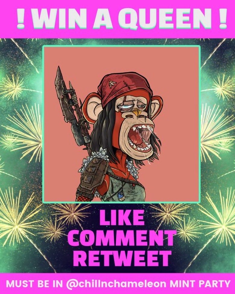 Ok let’s give out a queen🚀⁦<a href="/AAPEQueens/">Apocalyptic Queen Apes 👑🦍</a>⁩ ⁦@KellanNessETH⁩ ⁦<a href="/Chillnchameleon/">Chillin Chameleons</a>⁩ ⁦<a href="/GutterCatGang/">Gutter Cat Gang</a>⁩ ⁦<a href="/realniceguy_SRH/">realniceguy.eth ❄️🍌</a>⁩ ⁦@societyofdegens⁩ ⁦<a href="/ScottDisick/">Scott Disick</a>⁩ ⁦<a href="/DreamBigBeBig20/">Tim Cook</a>⁩