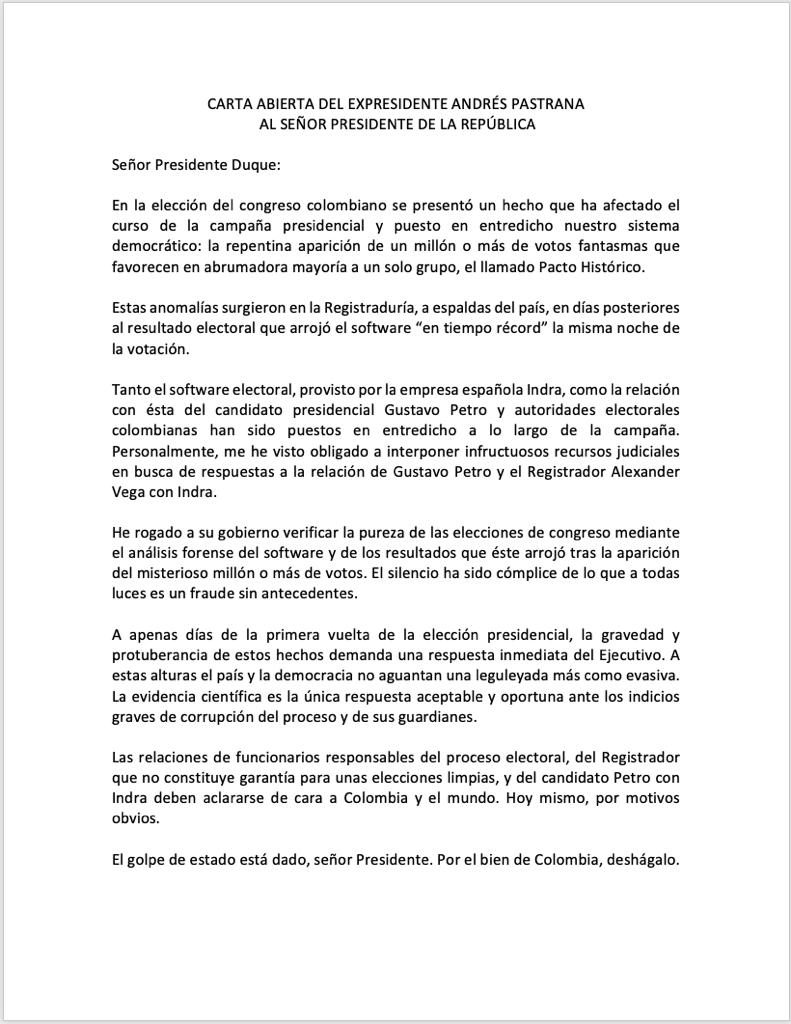 AndresPastrana_'s tweet photo. Carta abierta del expresidente Andrés Pastrana al señor Presidente de la República. https://t.co/G5MJc2I6l7