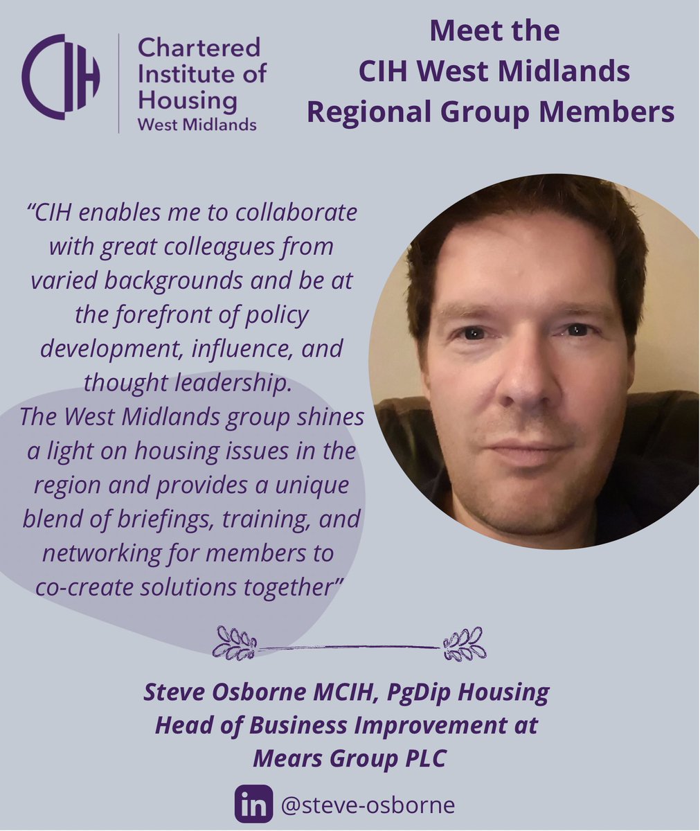 🔴 Featured Regional Member 🔴 Hope you all had a lovely weekend! Here at @CIHWestMidlands HQ, we have been busy preparing for our next featured CIH West Midlands Regional Member Please say hi 👋🏻 to Steve Osborne, Head of Business Improvement at @mearsgroup