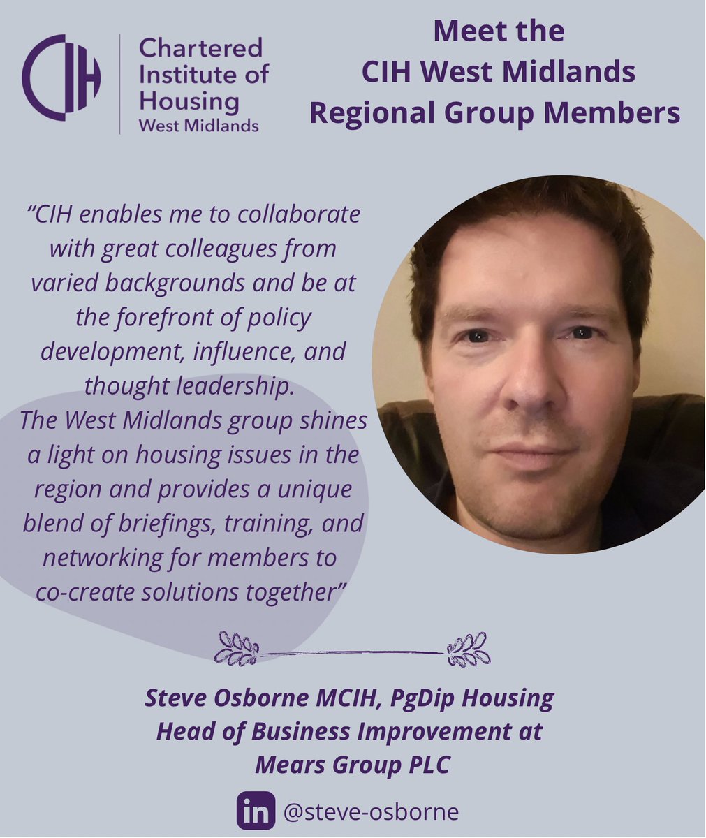 🔴 Featured Regional Member 🔴 

Hope you all had a lovely weekend! Here at <a href="/CIHWestMidlands/">CIH West Midlands</a> HQ, we have been busy preparing for our next featured CIH West Midlands Regional Member

Please say hi 👋🏻 to Steve Osborne, Head of Business Improvement at <a href="/mearsgroup/">Mears Group</a>