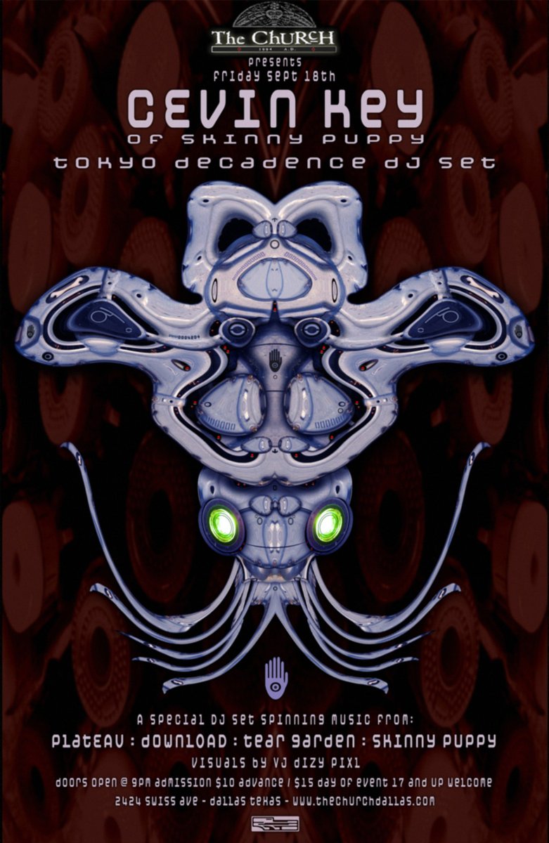 OFF_WORLD_SOUND's tweet photo. Also for 2009, here is the poster created for the Dallas show at The Church.
#cevinkey #skinnypuppy #subcon #showposters #Industrial #electronic #dizypixl https://t.co/YmkOjng8Np