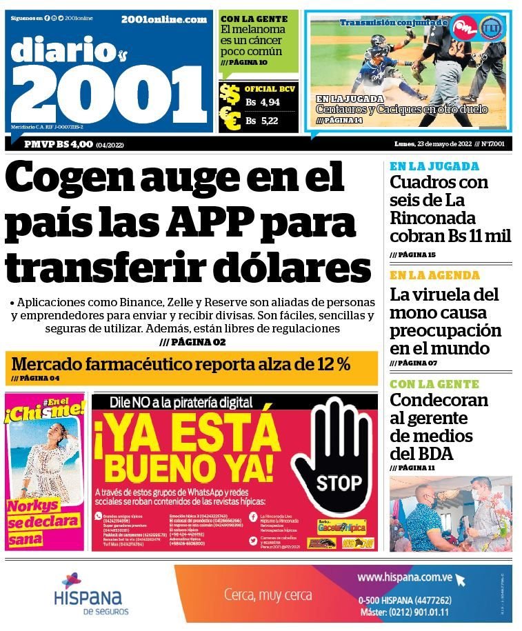 ¡Muy buenos días para todos!
Esta es nuestra #portada de #hoy #lunes #23mayo en la edición impresa de 2001. Busca tu ejemplar en toda Gran Caracas. ¡Siempre contigo! Amplía estas y otras noticias en nuestra web: 2001online.com