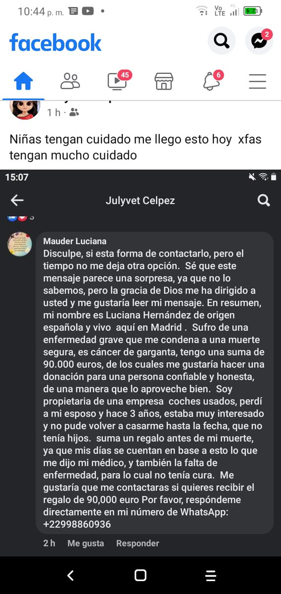 Tenga cuidado si te llega un mensaje así es estafa en sus redes sociales es estafa