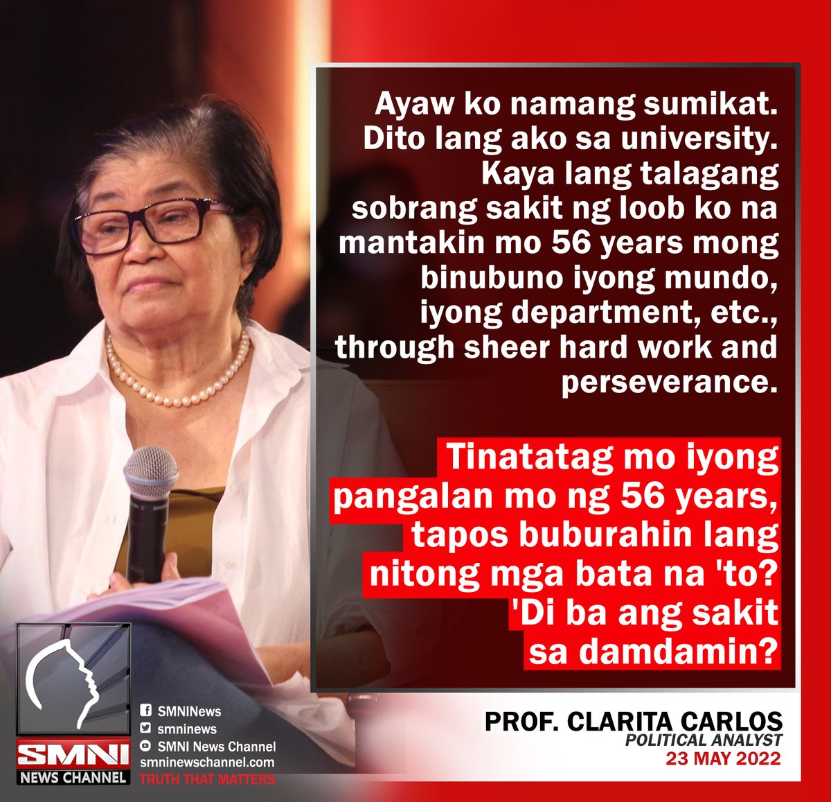 smninews's tweet photo. Prof. Clarita Carlos, masakit ang damdamin sa isyu na binura ito sa roster ng regular faculty members, active professors at lecturers ng @upd_polsci https://t.co/CebG5UcPFs