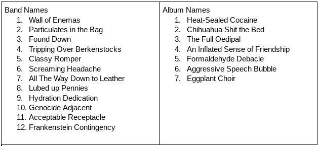 thcox5's tweet image. Going through some old Notebooks I used to write my ideas down in. Here are some band names that made me chuckle. #notebookideas #bandnames