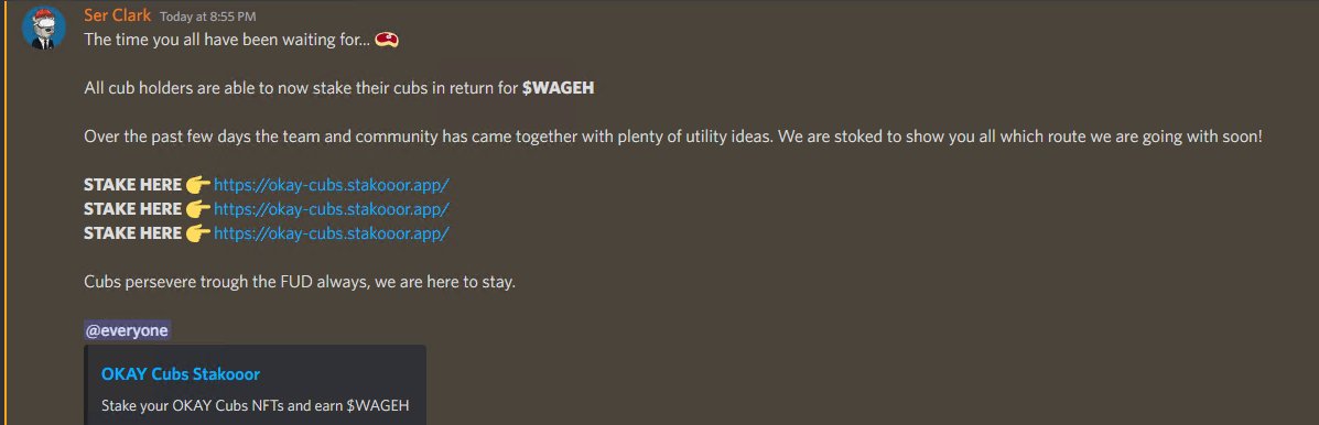 OkayCubs_NFT's tweet photo. The time has come... all Okay Cub holders are able to stake their cubs in return for $WAGEH.

Stake your cubs, earn some $WAGEH, enjoy the benefits. Its that simple ⚡️ https://t.co/8p8UpbR1OZ