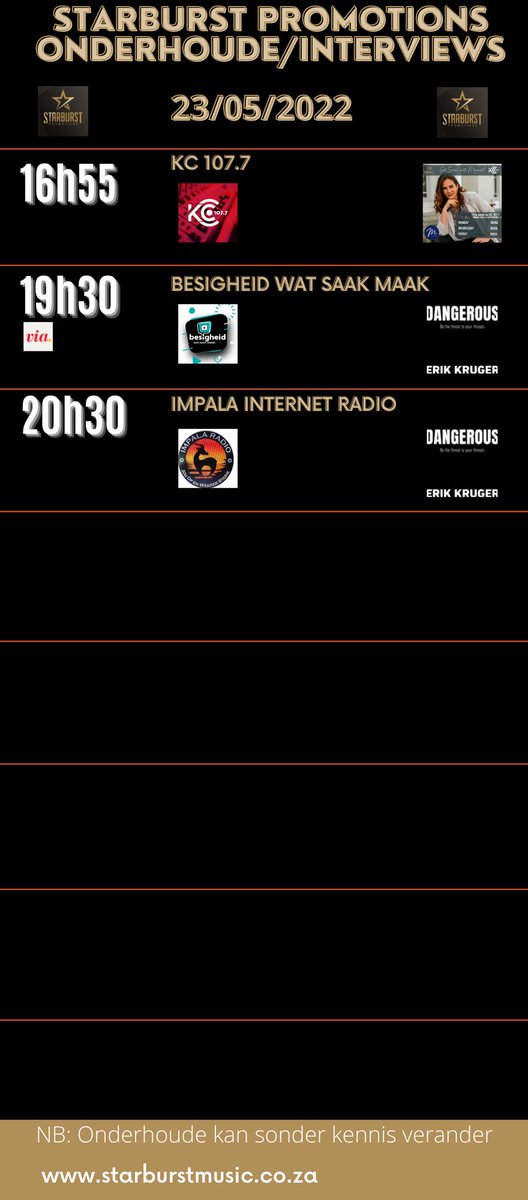 Onderhoude, Maandag 23 Mei!
Interviews, Monday May 23!
@SharineBarnard @JoshuaNaDieReen @PosduifLive @EricKruger @kykNETtv @Paarlfm @934fm @PretoriaFM @HappeningRadio @VaalStereo @coastalradiosa @Radiokc1077fm @viatv @ImpalaRadio