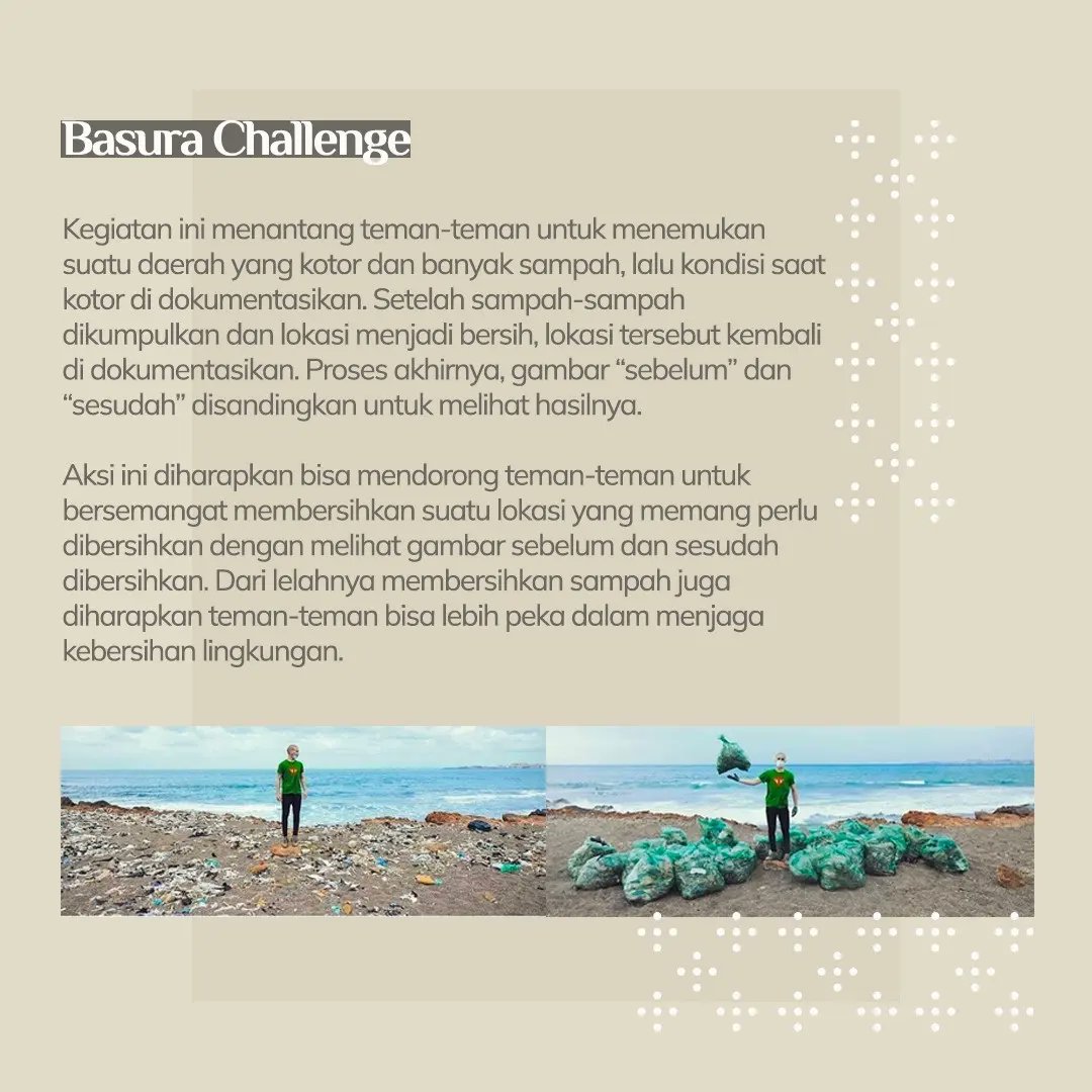 Basura Challenge,tantangan untuk diri agar berkontribusi untuk lingkungan.  

@lpdp_ri
#LPDP #PK186 #JenggalaSamudra #BersamaBangunNegeri #DiriUntukNegeri #AkuPastiMengabdi #SDMUnggulIndonesiaMaju #SatuDekadeLPDPSemakinBerintegritas #KampanyeSosial