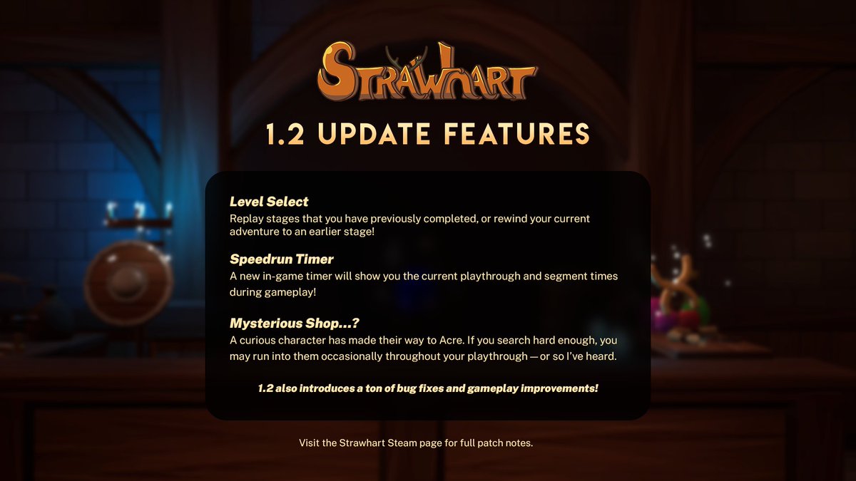 Level select, speedrun timer, and a new hidden locale—Strawhart 1.2 is OUT NOW!

🌟 s.team/a/1085070

#indiegame #puzzlegame #unrealengine #UE4 #gamedev #indiedev