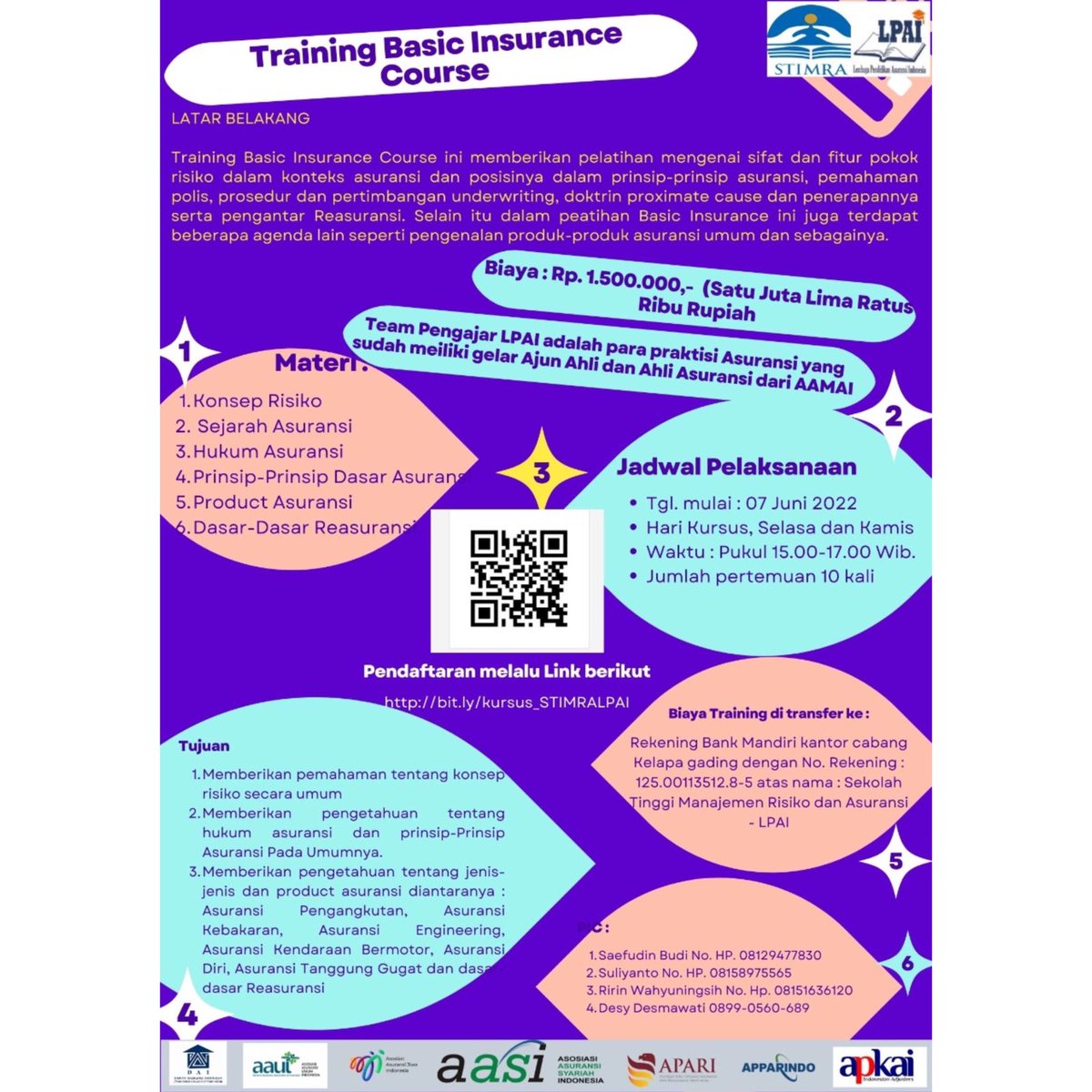 kampusstimra's tweet photo. 📌Mark Your Calendar📌

Halo semua
LPAI bersama dengan STIMRA Akan mengadakan Training “Basic Insurance Course”

Tanggal mulai : 07 Juni 2022
Hari Kursus : Selasa dan Kamis
Waktu : 15.00-17.00

Untuk pendaftaran bisa langsung cek link di poster ini yaa https://t.co/cVKYNWuMRh