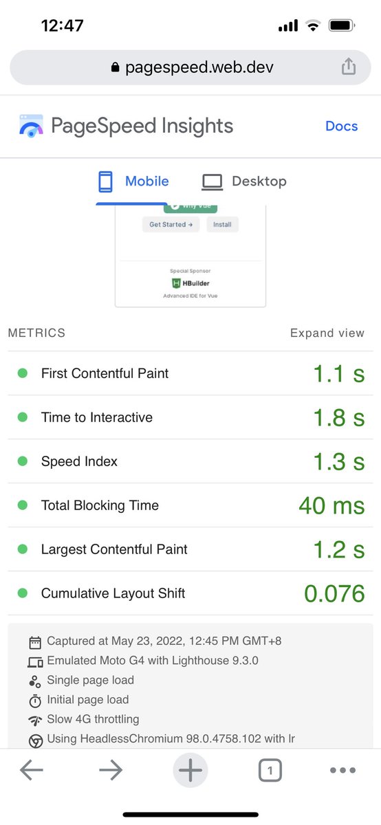 evanyou's tweet photo. I may be biased on other aspects… but performance wise I’ll let numbers do the talking. Running pagespeed on the new https://t.co/N9rNsDyjIi vs https://t.co/QbblSXuIjX: https://t.co/iMAzkFELRZ