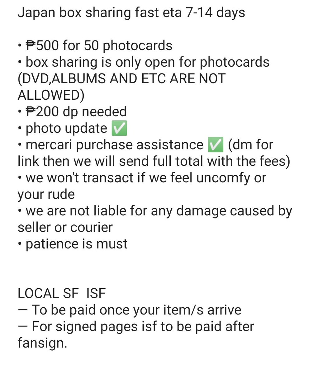 yndfsdta's tweet photo. READ BEFORE TRANSACT.

•JAPAN BOX SHARING FETA
•FANSIGN SLOTS INFOS
•SIGNED PAGE INFOS
•FACE TO FACE FANSIGN, CONCERTS,OTHER EVENTS PICTURES INFOS FANCAM INFOS
•TERMS &amp; CONDITIONS 
•MOP / MOD 
•GCASH TO PAYPAL TRADE

jp box sharing feta now available mercari pasabuy open https://t.co/sldk9VTlIY