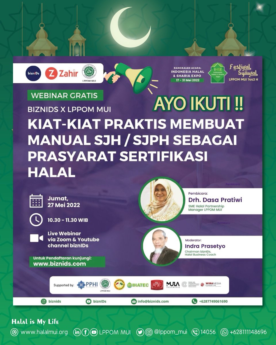 lppom_mui's tweet photo. #sobatlppom, ayo ikuti webinar Kiat2 Praktis Membuat Manual  SJPH sbg Prasayarat Sertifikasi Halal, tgl 27 Mei 2022, https://t.co/pUvZPmuPBv 
.
#festivalsyawal1443h #webinar #sertifikasihalal  #biznids #lph #lppommui #halalmui #umkm #pelakuusaha #sjph #update #kamuharustau https://t.co/fVmX8MrGlz