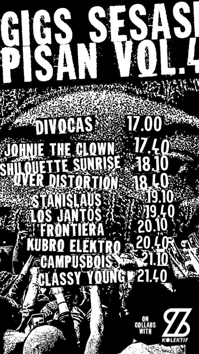 976Stud's tweet photo. [HARI INI] Gigs Sesasi Pisan #4

@.Divocas - 17:00
@jtc_yk - 17:40
@SiluetSanres76 - 18:10
@over_distortion - 18:40
@stan_islaus - 19:10
@Losjantospanx - 19:40
@Frontiera_ - 20:10
@KubroElektro - 20:40
@CampusBoys1976 - 21:10
@ClassyYoung_ - 21:40 

@FLAMBOYAN_KLKTF https://t.co/ng0Jh7qcc3