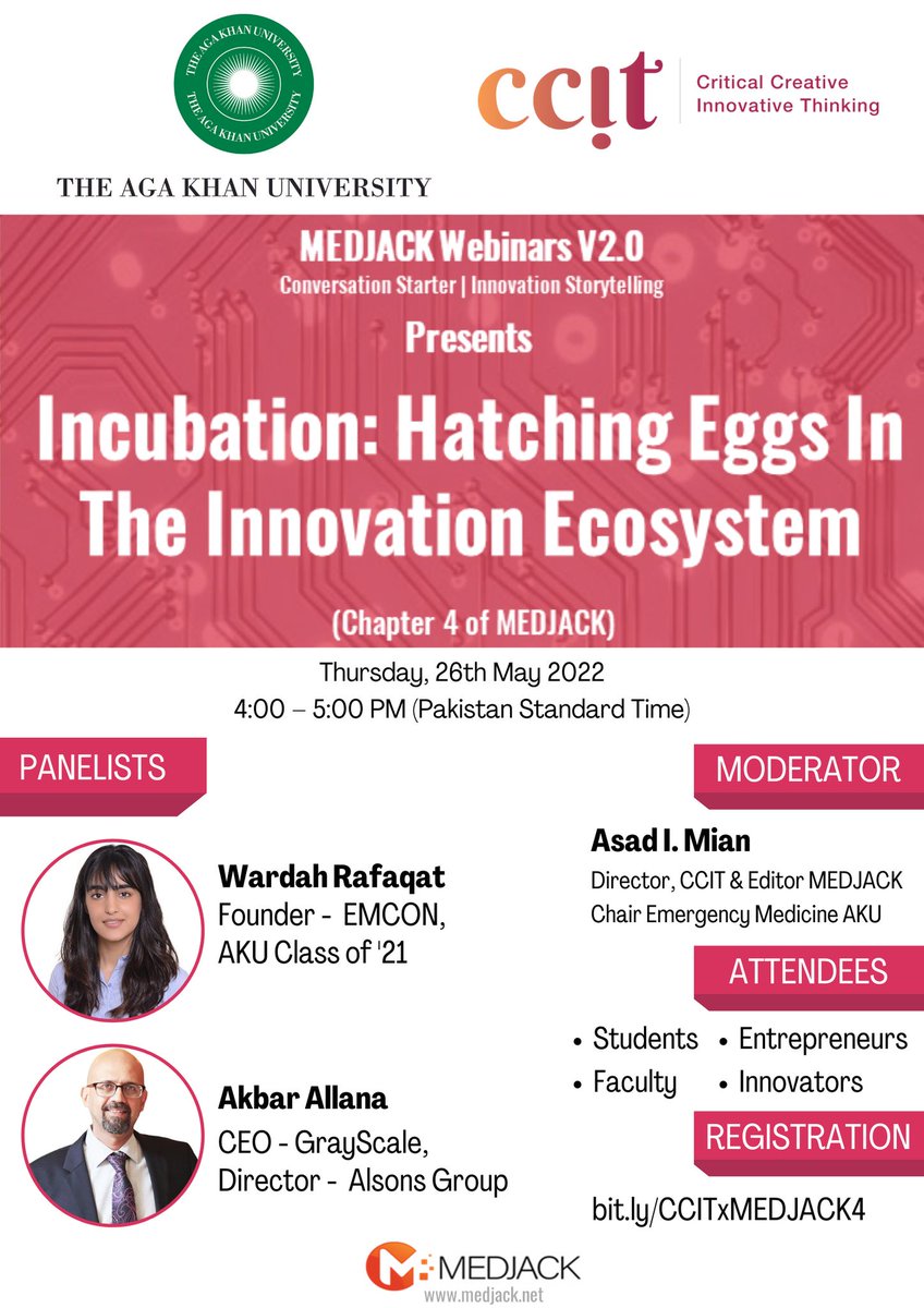 amian74's tweet photo. #Medjack WebinarV2 with @wardahrafaqat founder #EMCON and @akbarallana, Director @Alsonsgroup & CEO GrayScale; exciting chat on their entrepreneurial journey. Register: https://t.co/p8jjrS1JAy @AKUGlobal @CCITForum https://t.co/5TLRVArqN3