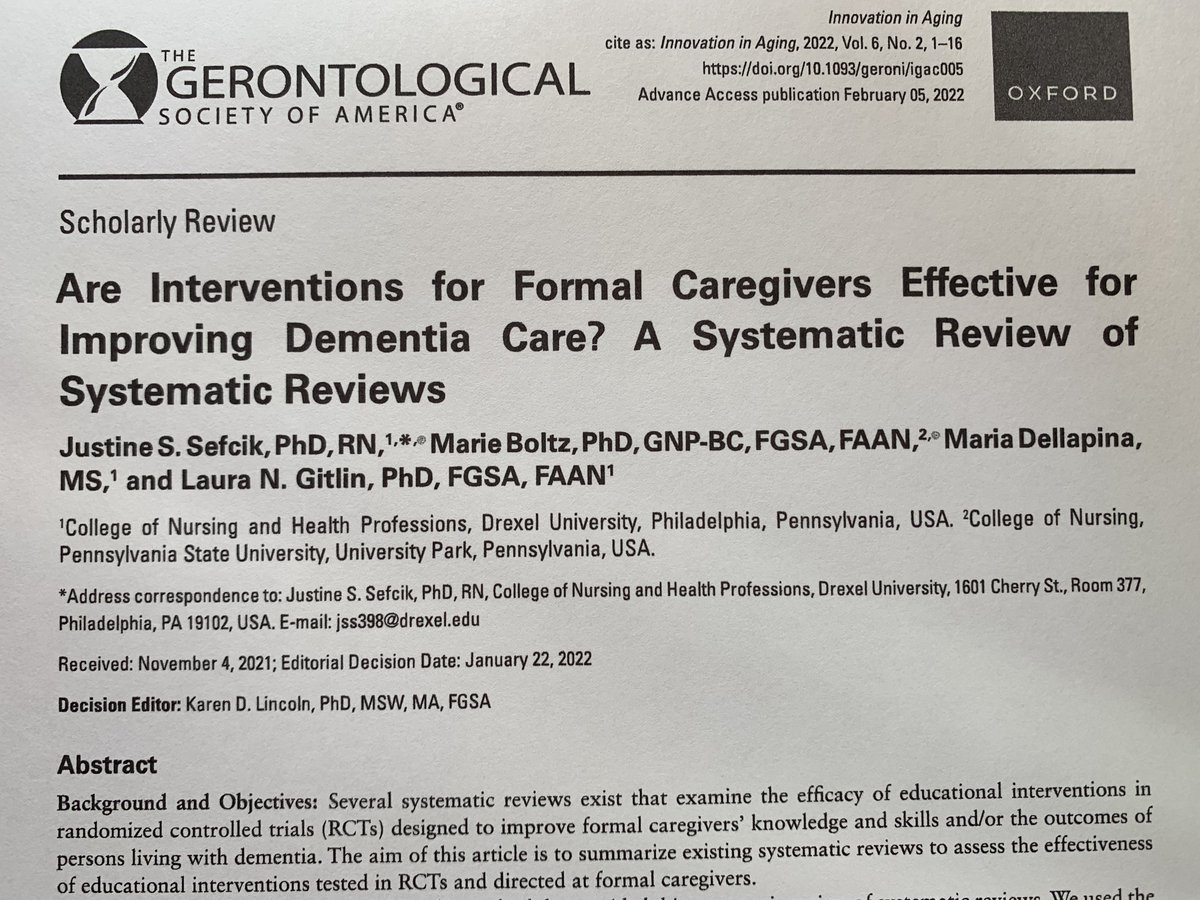A top paper from our BtC guidelines lit search. This 2022 'review of systematic reviews' finds 3 consistently effective interventions for management of 'agitation': improving staff communication skills, person-centred care &amp; DCM with supervision. Quality interactions are key!
