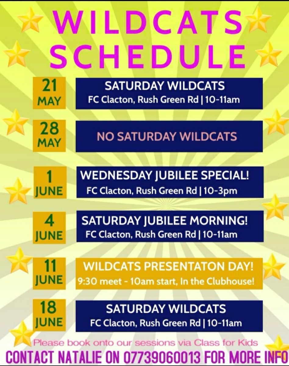 The Maddsys (@maddsys) on Twitter photo Wildcats upcoming schedule!
Jubilee half term camp, Saturday Wildcats sessions, Presentaion day... It's all going on <a href="/FC_Clacton/">FC Clacton</a>!
Contact us to book onto any of our events.
<a href="/ClactonLadies/">FC Clacton Ladies</a> <a href="/EssexCountyFA/">Essex County FA</a> <a href="/ThisGirlCanUK/">This Girl Can</a> <a href="/TendringMag/">Tendring Magazine</a>
#weetabixwildcats #girlsfootball #girlscanplay Wildcats upcoming schedule!
Jubilee half term camp, Saturday Wildcats sessions, Presentaion day... It's all going on <a href="/FC_Clacton/">FC Clacton</a>!
Contact us to book onto any of our events.
<a href="/ClactonLadies/">FC Clacton Ladies</a> <a href="/EssexCountyFA/">Essex County FA</a> <a href="/ThisGirlCanUK/">This Girl Can</a> <a href="/TendringMag/">Tendring Magazine</a>
#weetabixwildcats #girlsfootball #girlscanplay