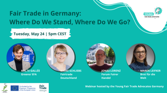 FairTradeFTAO's tweet photo. 🔜 Tomorrow 24/05 at 17h00 (CEST)

Don’t miss this Young Fair Trade Advocates' online event! 

They'll discuss #FairTrade in Germany and Europe with @galleerie, @maike_schliebs, Jonas Lorenz and @MarenLeifker

Register here 👉 https://t.co/8VY6CYZqo1

#EUWISE #YFTAs #ErasmusPlus https://t.co/IY4aOG29E3