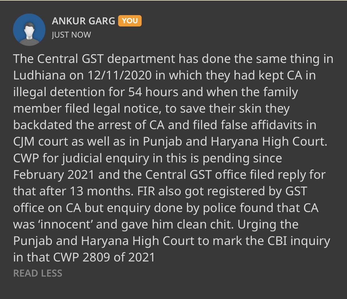 ankurgargca's tweet photo. @cbic_india @nsitharaman @theicai @FinMinIndia @cgstpklzone If the ICAI had taken some action in Nov. 2020 in the similar case of illegal detention and illegal arrest of CA in Ludhiana, this would not have happened. CWP 2809 of 2021 filed for CBI inquiry in P&H High Court @theicai #StopCorruptionInGST #JusticeforCA https://t.co/fy5TxiDA2U