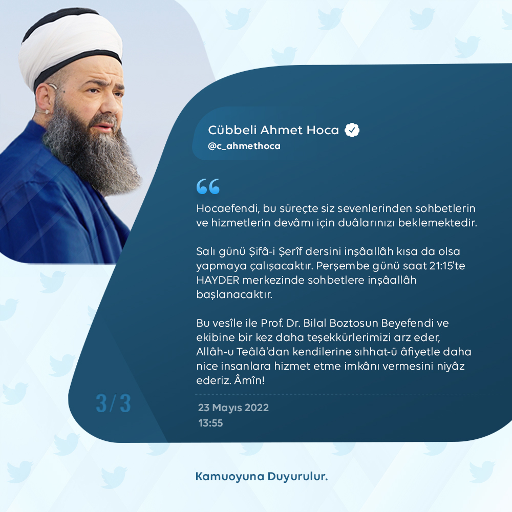 Cübbeli Ahmet Hoca, kalp rahatsızlığından dolayı başarılı bir operasyon geçirdi.

Daha önce 2006 yılında baypass olmuş, daha sonra 2008 yılında iki stent takılmış ve 2018 yılında da tekrar iki stent takılmıştı.