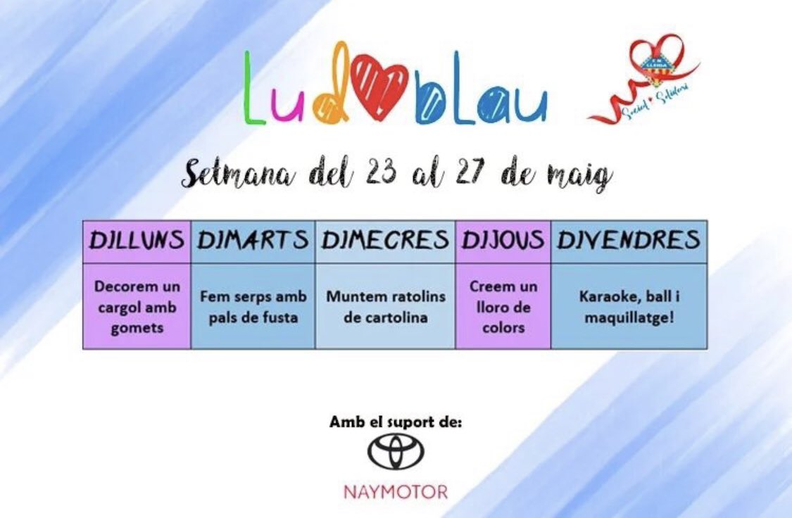 Agenda setmanal d'activitats a la sala Ludoblau 👪
Amb el suport de @toyotanaymotor 
#josocdelnatació #cnlleidasocialisolidari #ludoblau
instagram.com/p/Cd37OZsNmsQ/…
